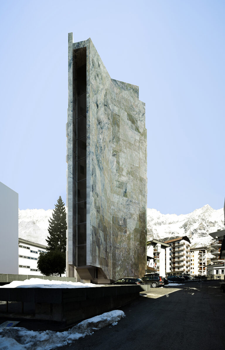 Il Monolite - The Stone. Progettazione Peluffo&Partners con Studio Bettiol, VP6 Ingegneria per VICO SRL Valdostana Impresa Costruzioni. Immagini courtesy Peluffo&Partners