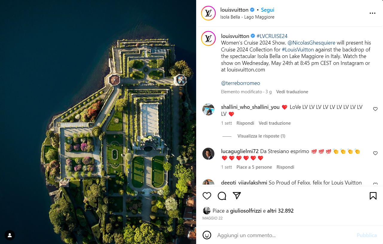 Louis Vuitton all'Isola Bella, Lago Maggiore (via @louisvuitton su Instagram)