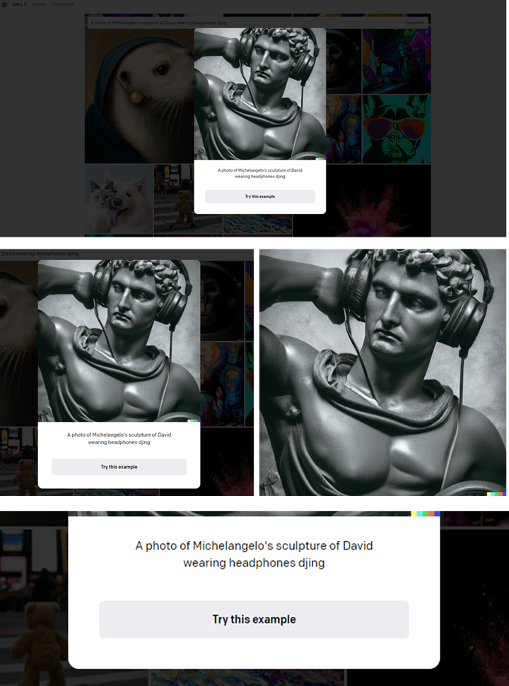 Un'immagine generata dall'intelligenza artificiale che raffigura il David di Michelangelo con un paio di cuffie da dj