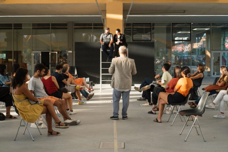 Antonello Ghezzi, La sedia del giudice, 2022, installation and performance view at Piazza Lucio Dalla, Bologna. Photo Giorgia Tronconi