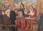 Gino Marzocchi, Il processo a Morandi, 1950, olio su cartone, 50 x 70 cm. Museo ottocento, Bologna