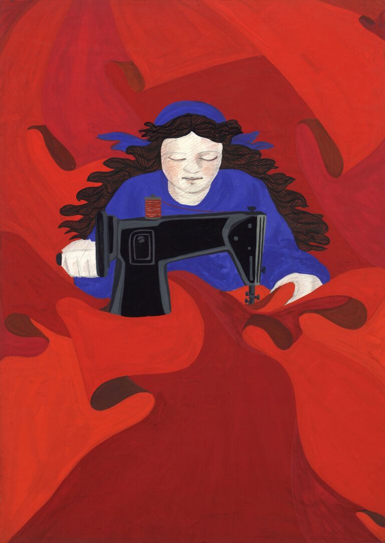 Gülsün Karamustafa, 1977, Painting for Poster 1977 First of May (Woman Constantly Sewing Red Flags with Her Sewing Machine). Courtesy of the artist