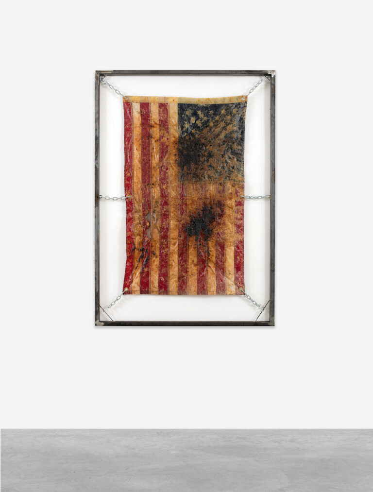 Kiyan Williams, Fried and Suspended Flag, 2023. Courtesy Peres Projects