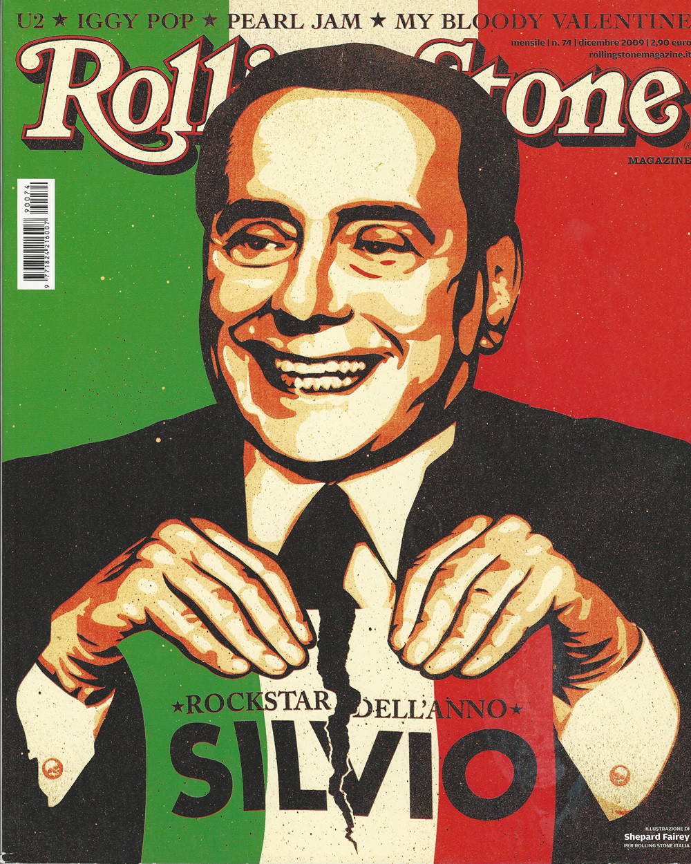 La copertina di Rolling Stone con il ritratto di Silvio Berlusconi realizzato da Obey