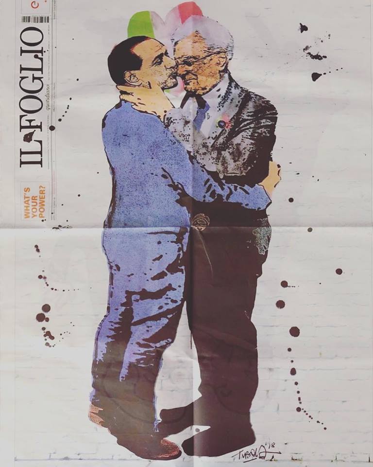 Mattarella a Berlusconi si baciano sulla copertina de Il Foglio. Un’opera di Tvboy