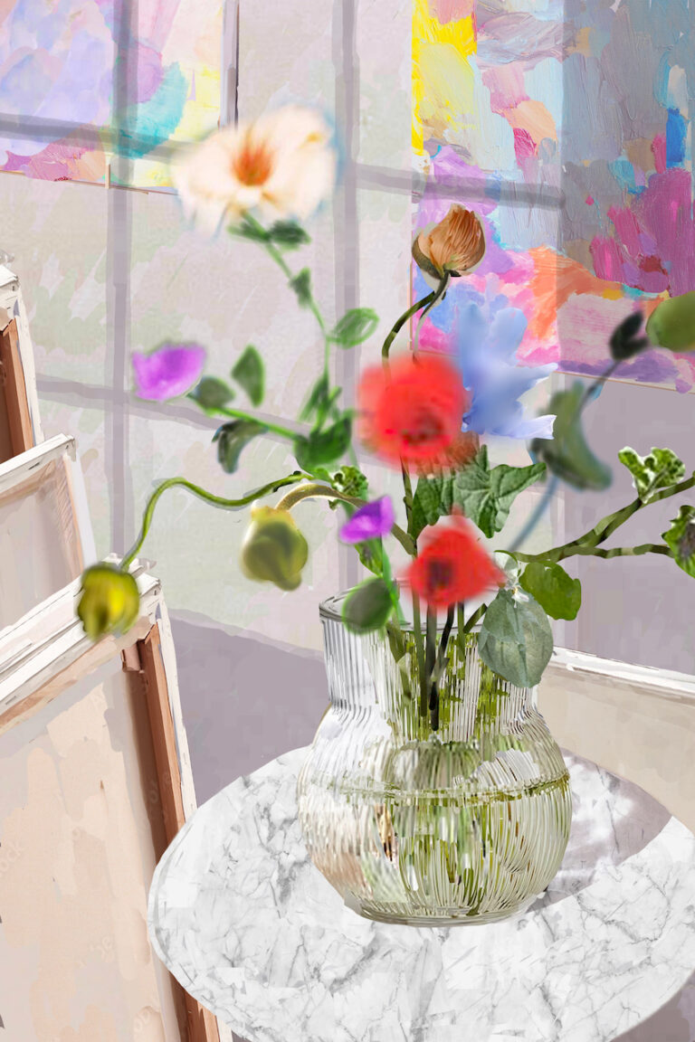 Teresa Giannico, Still life with flowers and canvas, 2023, stampa su carta cotone, cm 90x60, © Teresa Giannico. Courtesy Viasaterna