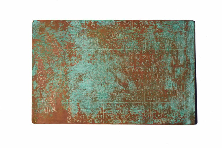 Pushpamala N, Atlas of Rare and Lost Alphabets, 2015-2018. Set of 100 copper plate tablets inscribed with ancient scripts. Courtesy of the artist and Gallery Sumukha