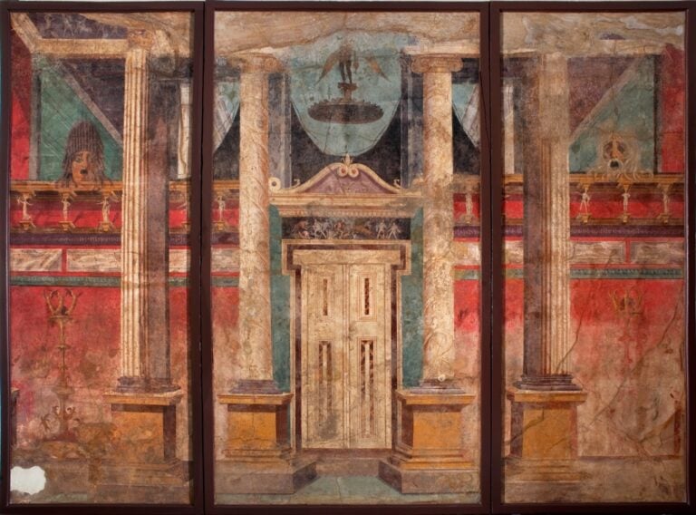 Affresco con veduta architettonica e scena di caccia, da Boscoreale, Villa di P. Fannius Synistor, ambiente G. Metà del I secolo a.C.. Archivio fotografico MANN. Photo Luigi Spina