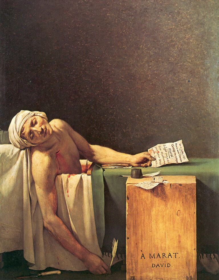 Jacques Louis David, La morte di Marat, 1793, olio su tela, 165 x 128cm. Musées Royaux des Beaux-Arts de Belgique, Bruxelles