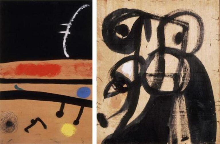 Joan Mirò, Senza titolo (a sinistra), senza data, olio e matita su compensato, 100x64,5 cm. Senza titolo (a destra), 1979, olio su tela, 66x55,5 cm. Courtesy Fondazione Pilar e Joan Mirò, Mallorca