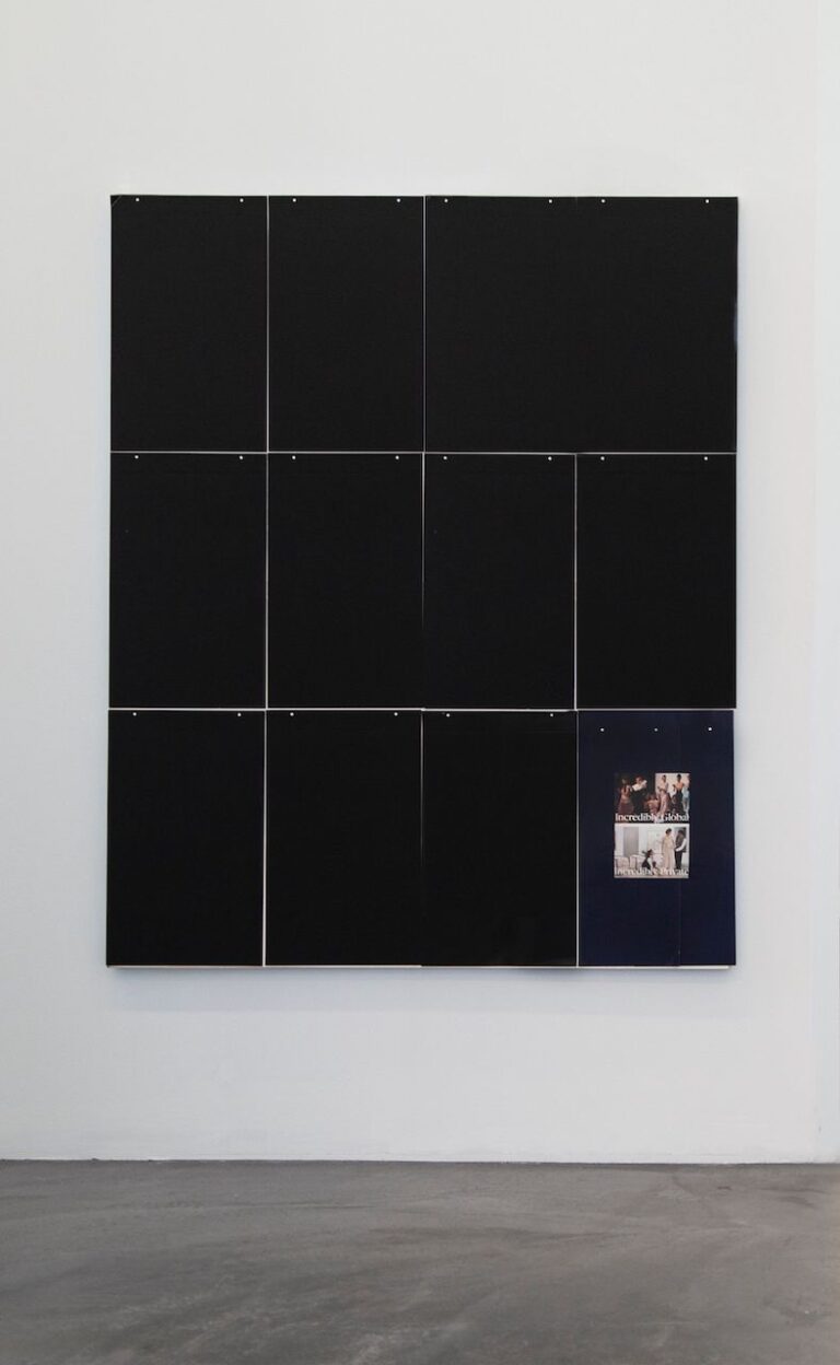 Lorenza Longhi, Untitled, 2020, carboards, adhesive tape, found image, wood panel, 120 x 150 x 2,5 cm. Courtesy l'artista e Fanta-MLN, Milano