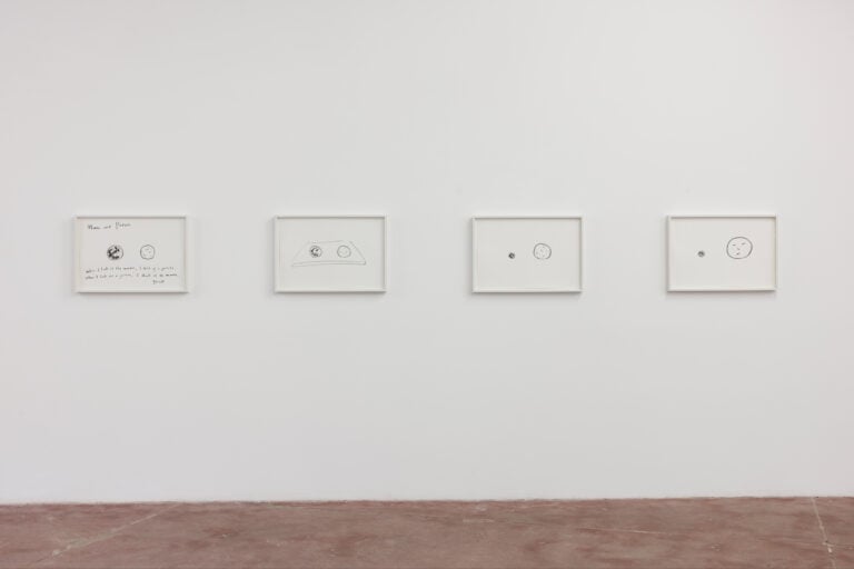 Shimabuku, Moon and Potato, 2023, pastello su carta (4 disegni incorniciati), installation view at ZERO..., Milano, 2023