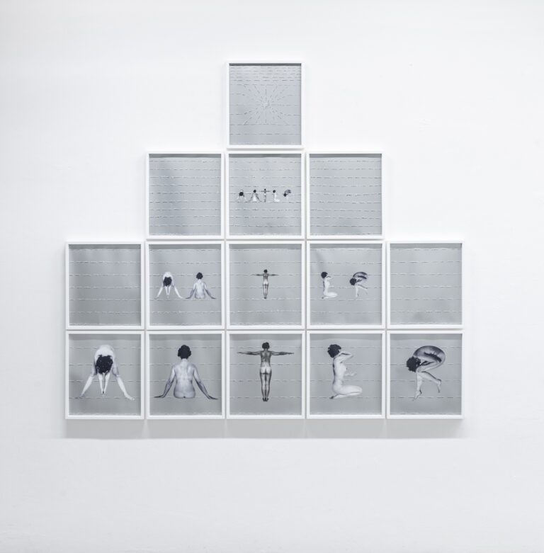 Tomaso Binga, Mater, 1977-2015, collage e scrittura desemantizzata su fotografia, 14 elementi, 35 x 40 cm cad., ph Leonardo Morfini