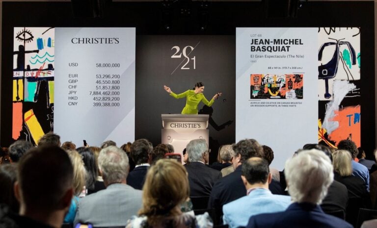 Georgina Hilton beats Jean-Michel Basquiat, El Gran Espectaculo (The Nile) for $67,110,000 at Christie's New York in May 2023. Courtesy of Christie's Images Ltd.