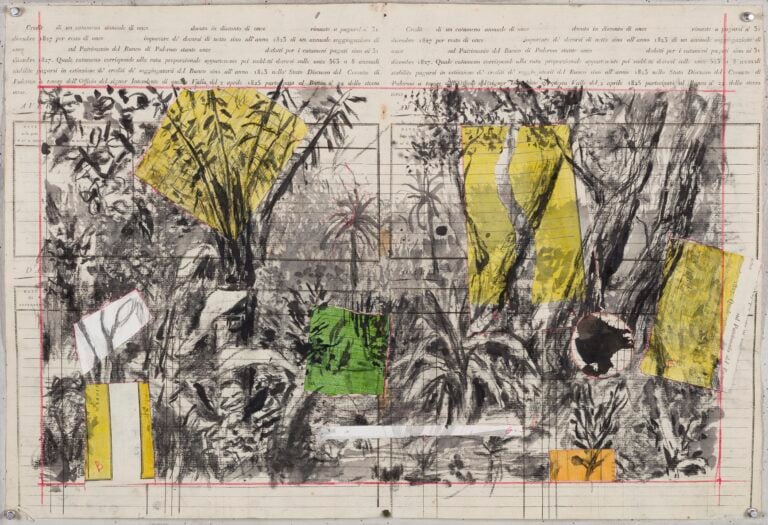 William Kentridge, Chiesa di San Francesco Saverio, Palermo Cash Book Drawing IV, 2023. Indian ink, Charcoal, Watercolour, Coloured pencil and Collage on found paper, 52 × 76,8 cm. Courtesy Galleria Lia Rumma