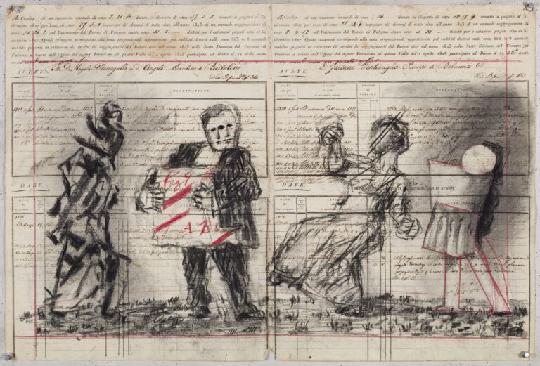 William Kentridge, Chiesa di San Francesco Saverio, Palermo Cash Book Drawing II, 2023. Indian ink, Charcoal and Coloured pencil on found paper, 52 × 76,8 cm. Courtesy Galleria Lia Rumma