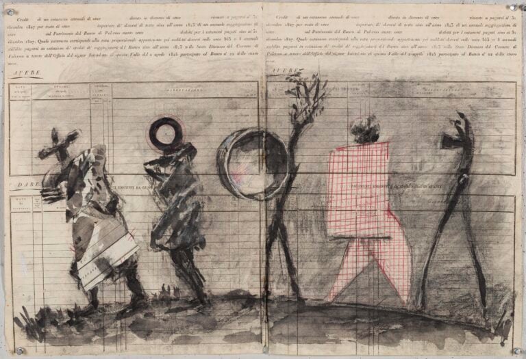 William Kentridge, Chiesa di San Francesco Saverio, Palermo Cash Book Drawing VIII, 2023. Indian ink, Charcoal, Coloured pencil and Collage on found paper, 52 × 76,8 cm. Courtesy Galleria Lia Rumma