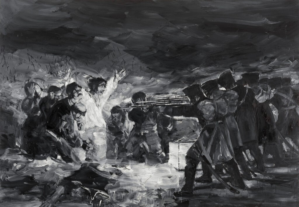 Yan Pei-Ming, Exécution, après Goya, 2012, olio su tela, collezione privata. Photo André Morin © Yan Pei-Ming, ADAGP, Paris, 2023