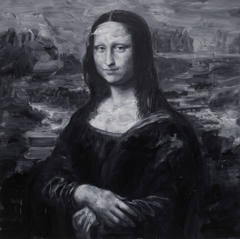 Yan Pei-Ming, Les Funérailles de Monna Lisa, 2009, polittico, 5 tele, olio su tela, tela n. 3, collezione privata. Photo André Morin © Yan Pei-Ming, ADAGP, Paris, 2023