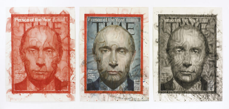 Yan Pei-Ming, Vladimir Putin, Tsar of The New Russia, 2008, trittico, acquarello su carta, , collezione privata. Photo André Morin © Yan Pei-Ming, ADAGP, Paris, 2023