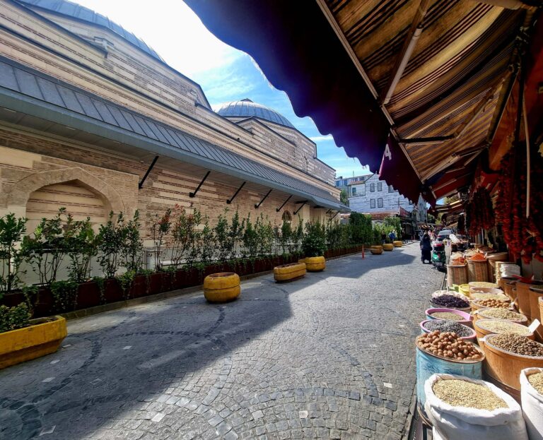 Sulla sinistra il Çinili Hamam, sulla destra i banchi del bazar
