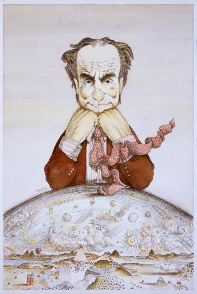 Tullio Pericoli, Italo Calvino, 1987, acquerello e china su carta, mm 570 x 380, Bologna, collezione privata © Tullio Pericoli