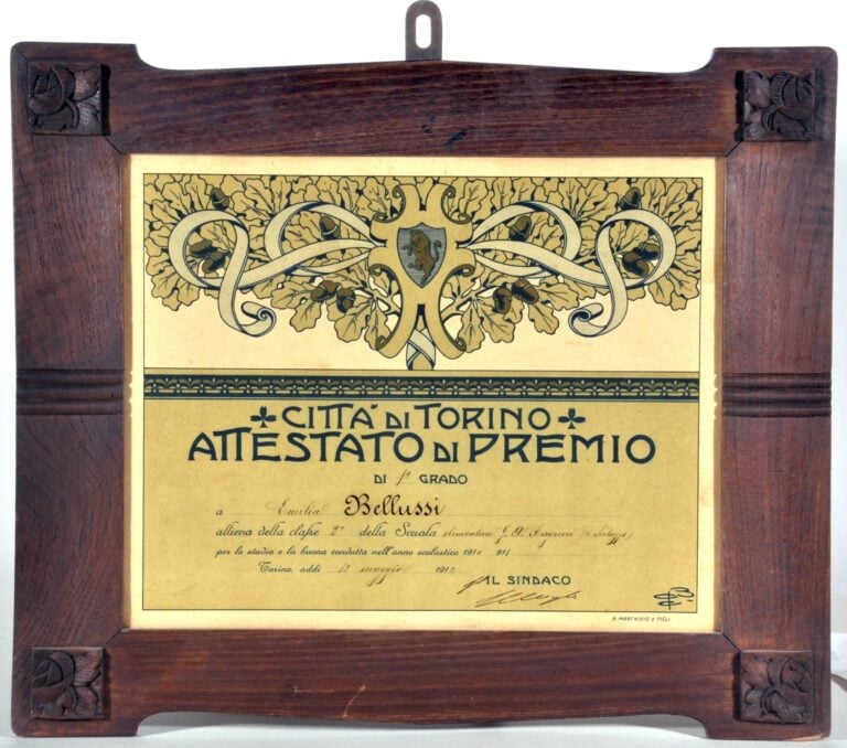 15 Attestato di premio della citta di Torino assegnato nell anno 1912 montato in cornice coeva Torino M. Marchisio e Figli Torino capitale del Liberty. La grande mostra a Palazzo Madama