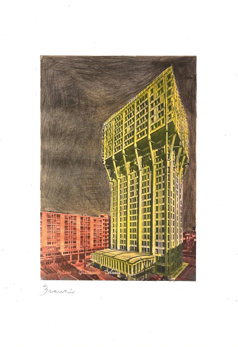 Andrea Branzi, Torre Velasca, 2023, Tecnica mista pastello e stampa, cm. 29,7 x 42