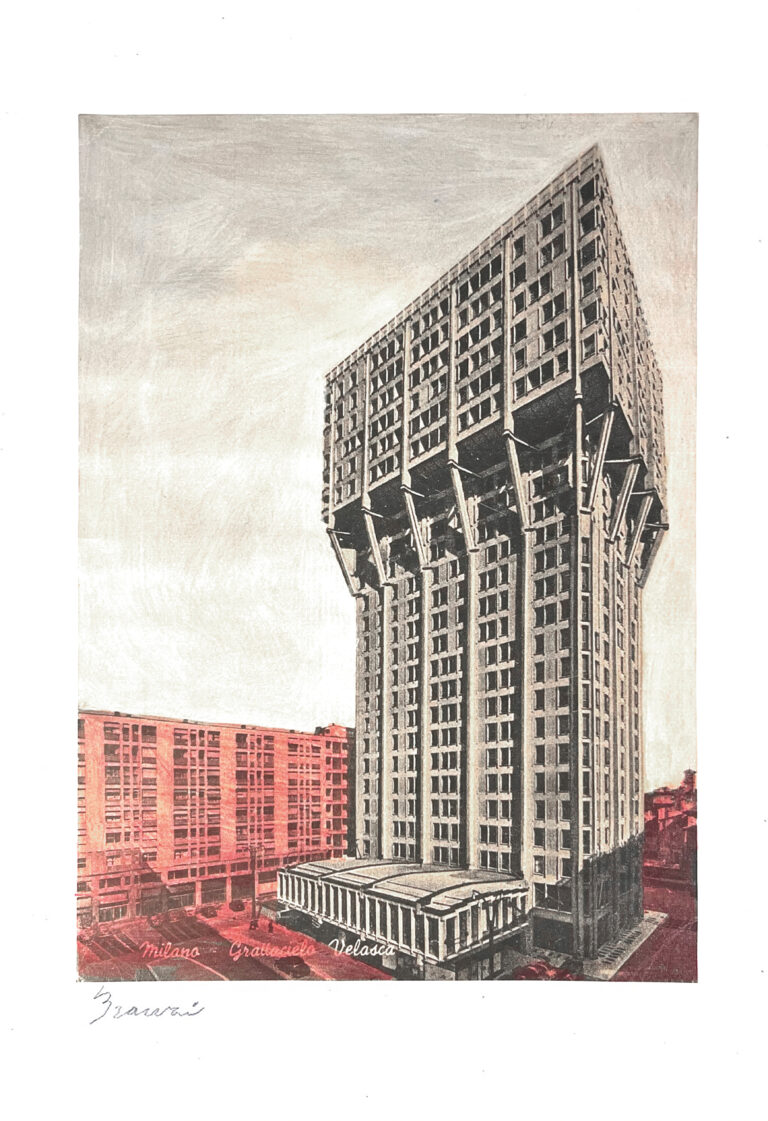 Andrea Branzi, Torre Velasca, 2023, Tecnica mista pastello e stampa, cm. 29,7 x 42