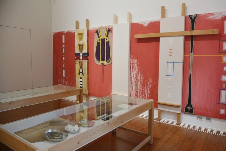 Hermann Nitsch, 158. Aktion, 2020; 77. Malaktion, 2017, installation view ABC Arte, Genova, 2023. Photo Linda Kaiser