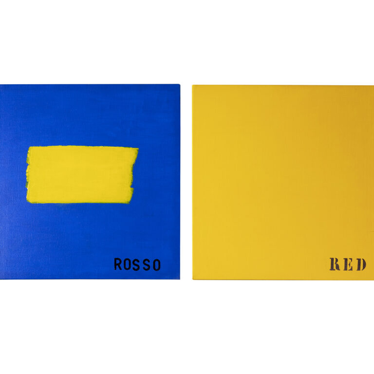 Radomir Damnjan, Disinformazione Rosso 2018, quadro di sinistra Disinformazione Red 2018 Milano - Pittura su tela cm 50x50 ©Roseto Artwork
