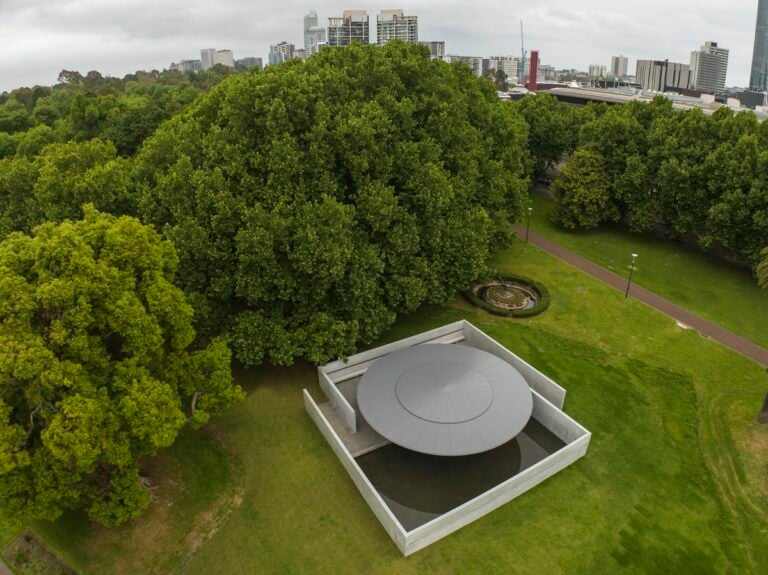 Aerial view of MPavilion 10, designed by Tadao Ando, located in the Queen Victoria Gardens in Melbourne. Photo John Gollings. Courtesy MPavilion