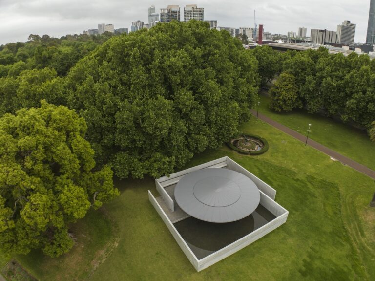 Aerial view of MPavilion 10, designed by Tadao Ando, located in the Queen Victoria Gardens in Melbourne. Photo John Gollings. Courtesy MPavilion