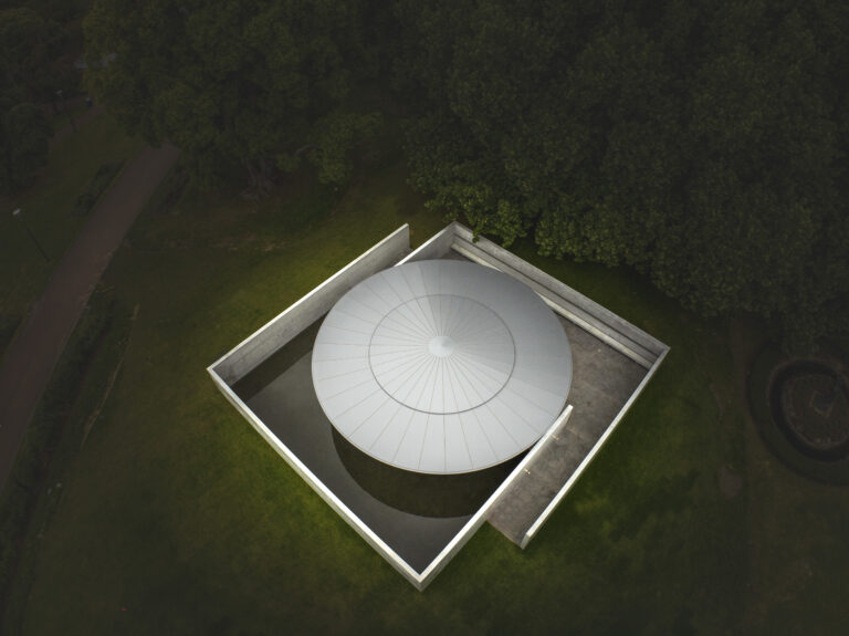 Aerial view of MPavilion 10, designed by Tadao Ando, located in the Queen Victoria Gardens in Melbourne. Photo John Gollings. Courtesy MPavilion