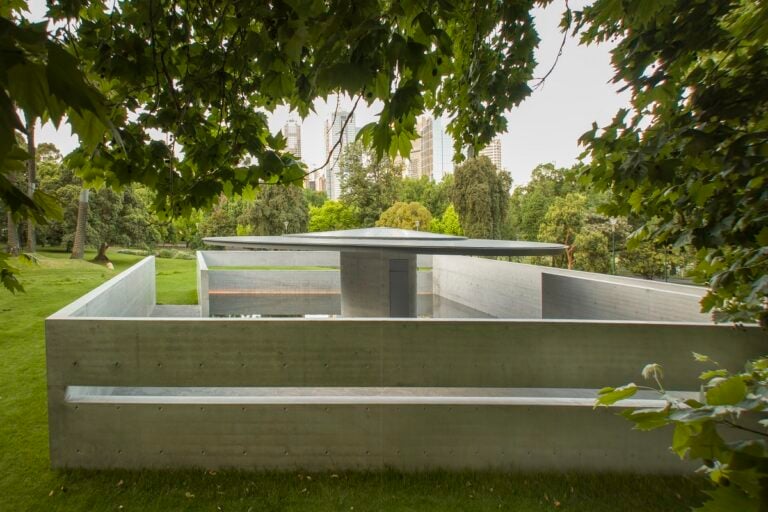 Exterior of MPavilion 10, designed by Tadao Ando, located in the Queen Victoria Gardens in Melbourne. Photo John Gollings. Courtesy MPavilion