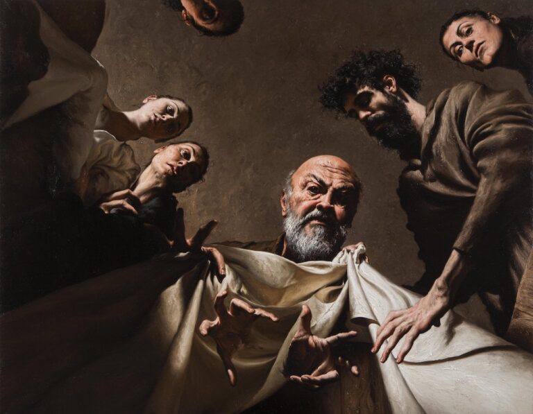 Luigi Gasparro, Labano cerca gli idoli nel baule di Giacobbe, 2013, olio su tela, cm 119x151
