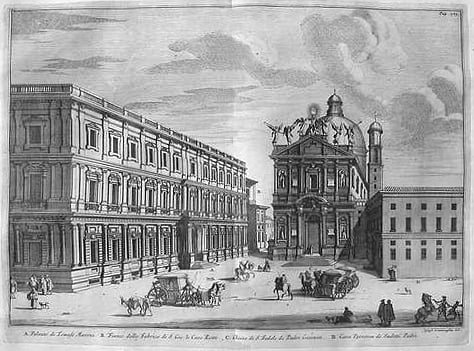 Piazza San Fedele a Milano in un'incisione del 1704. Sulla sinistra, Palazzo Marino