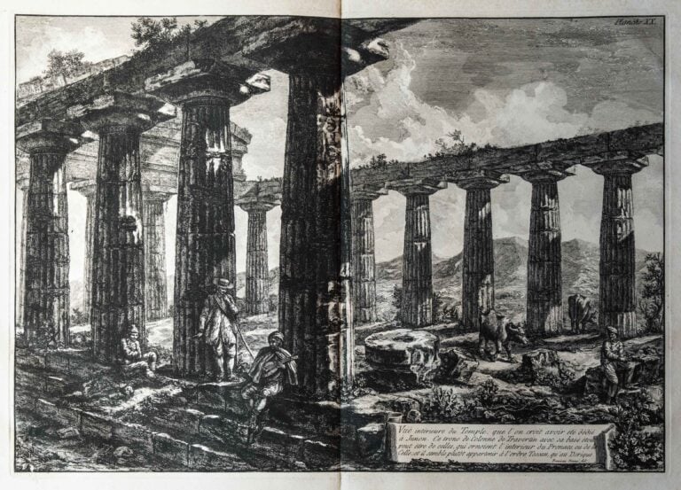 Giovanni Piranesi, Différentes vues de quelques restes de trois grands édifices, qui subsistent encore dans le milieu de l’ancienne ville de Pesto, autrement Possidonia, qui est située dans la Lucanie, 1778. Courtesy Mayfair Rare Books and Manuscripts