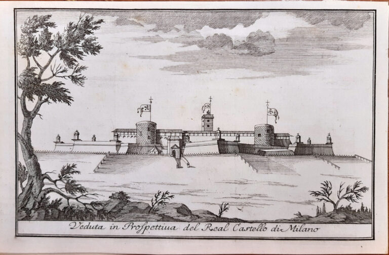 Veduta del Real Castello di Milano in Serviliano Latuada, Descrizione di Milano, incisione 1738. Courtesy Societa Storica Lombarda ETS