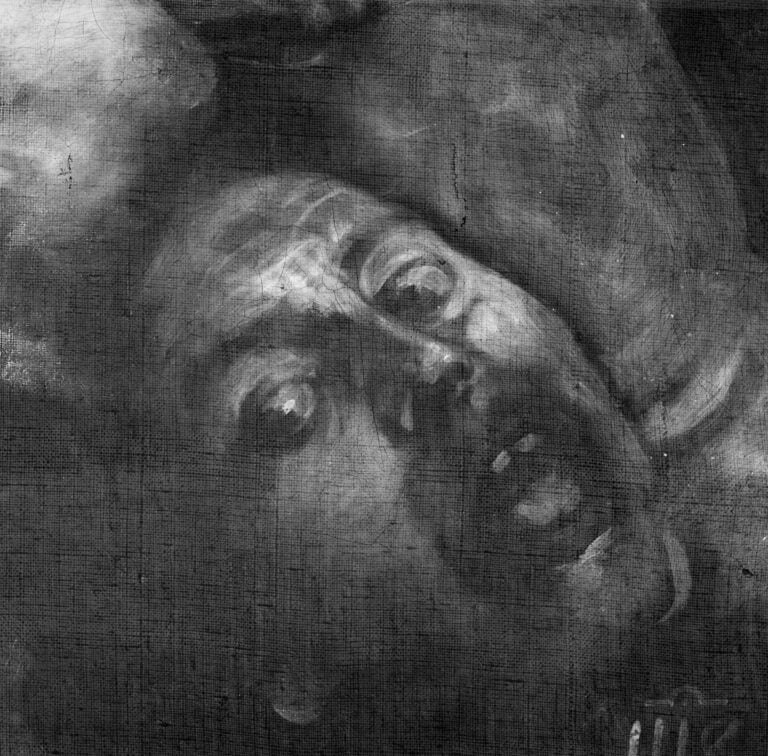 Dettaglio della radiografia del volto di Golia. Museo del Prado Il Caravaggio del Museo del Prado torna a splendere grazie ad un profondo restauro 