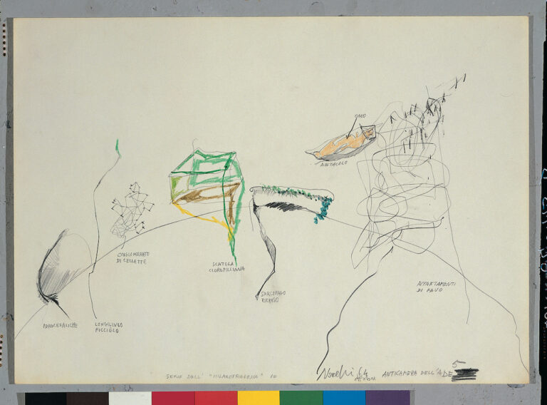 Gastone Novelli, Serie dell’“Hilarotragedia” 10. Anticamera dell’ade 5, 1964, matita e pastelli su carta, cm 34x47, collezione privata, Archivio Gastone Novelli, Roma