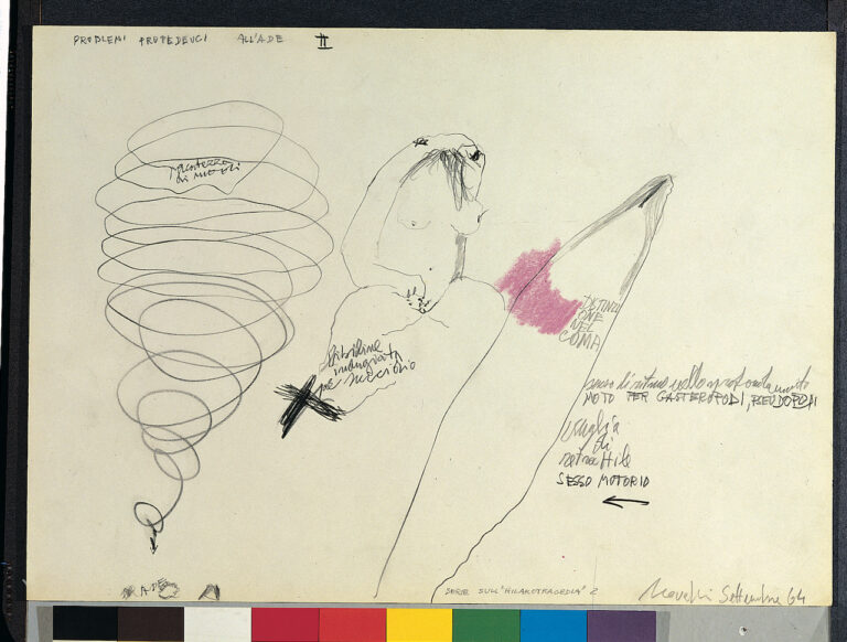 Gastone Novelli, Serie sull’“Hilarotragedia” 2. Problemi propedeutici all’Ade II, 1964, matita e pastelli su carta, cm 34x47,5, collezione privata, Archivio Gastone Novelli, Roma