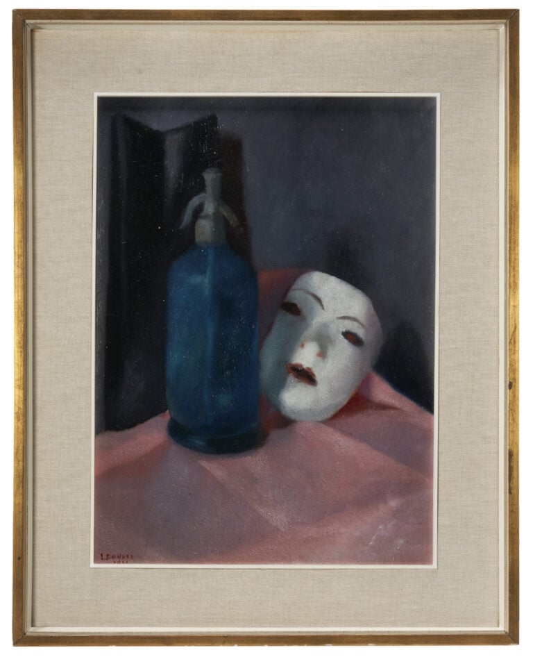Ida Donati, Maschera e bottiglia, 1931, olio su compensato