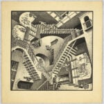 M.C. Escher, Relatività, 1953, Litografia, 27,7x29,2 cm, M.C. Collezione Escher Holding, Paesi Bassi, Tutti M.C. Escher lavora © 2023 The M.C. Compagnia Escher. Tutti i diritti riservati www.mcescher.com