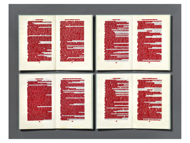 Emilio Isgrò, Quattro libri rossi per la Colonna Infame, 2018, acrilico su libri montati su tavola cm 70x90 Courtesy Tornabuoni Arte, Florence - Milan - Forte dei Marmi - Rome - Paris - Crans Montana