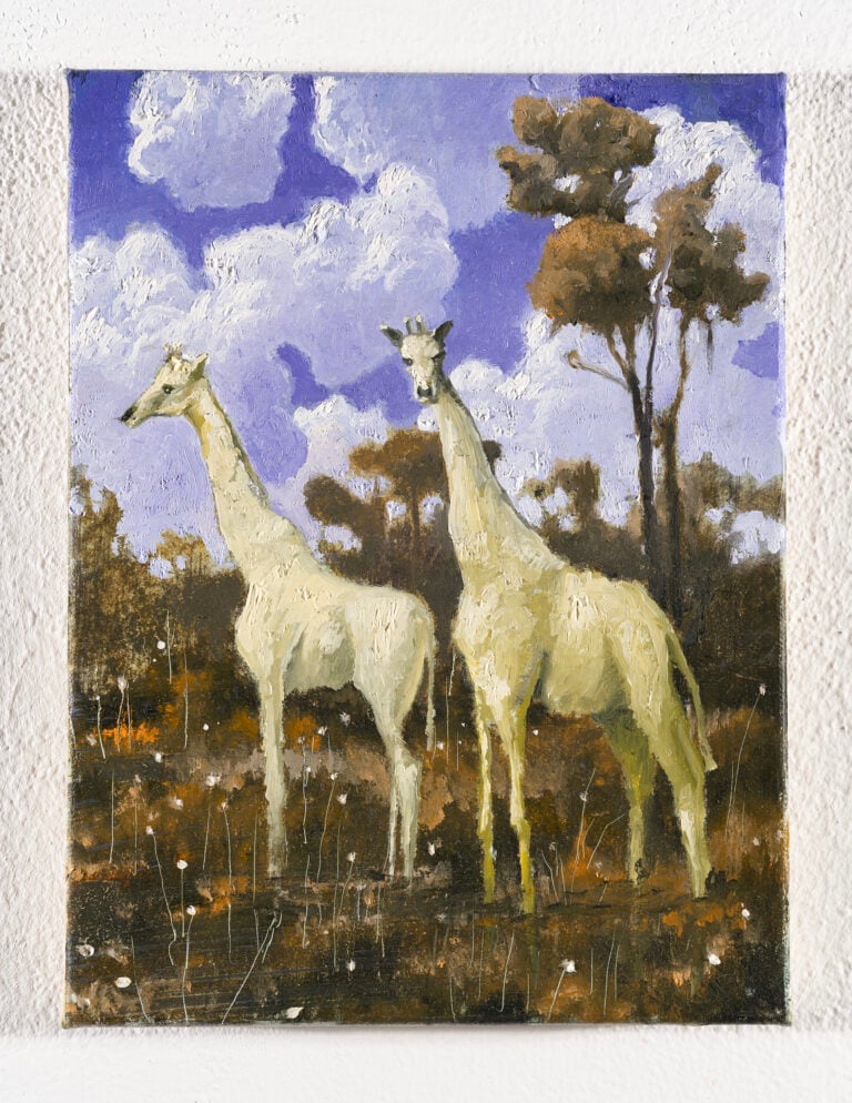 Francesco De Grandi, Giraffe nel villino, 2023, olio su tela, 24 x 18 cm. Courtesy l’artista e RizzutoGallery