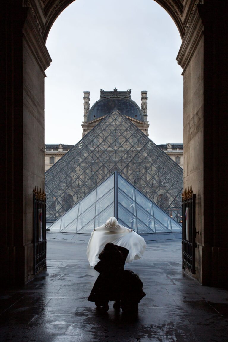 Giovanna Silva, A bride’s photoshoot captured from Passage Richelieu at the Grand Louvre in Paris, 2021. Photo commissioned by M+