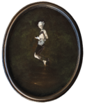 Sergio Padovani, Creatore di diavoli, 2023, olio, bitume e resina su tavola ovale, 68x56 cm con cornice. Ph. Mauro Terzi