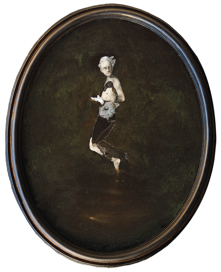 Sergio Padovani, Creatore di diavoli, 2023, olio, bitume e resina su tavola ovale, 68x56 cm con cornice. Ph. Mauro Terzi