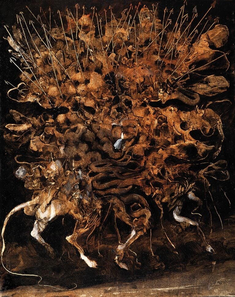 Sergio Padovani, Guerra come bestia, 2023, olio, bitume e resina su carta telata applicata su tela, 50x40 cm. Ph. Mauro Terzi